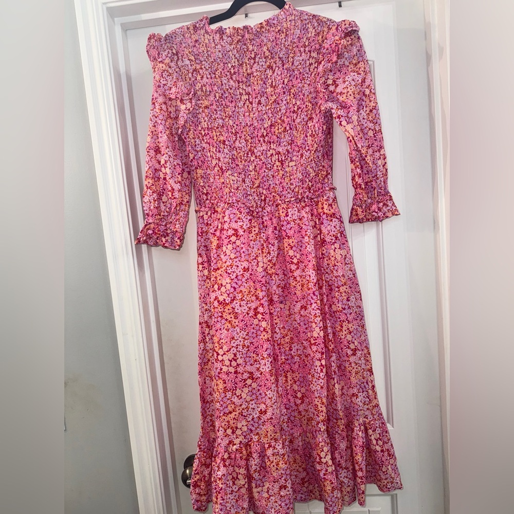 Karlie, Smocked Bodice, Ruffle Floral Pink Midi Dress (M) - Picture 2 of 5